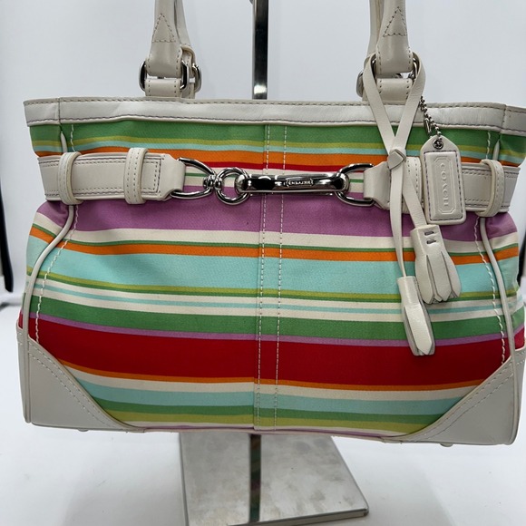 Coach Hampton Multicolor Canvas White Leather Trim Stripes Satchel Tote Bag - Picture 2 of 14